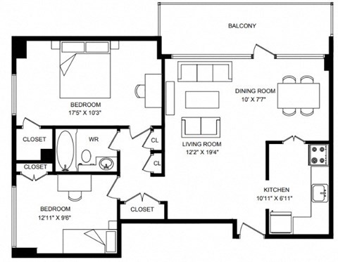 Floor plan for 2 beds, 1 bath, 880 sqft